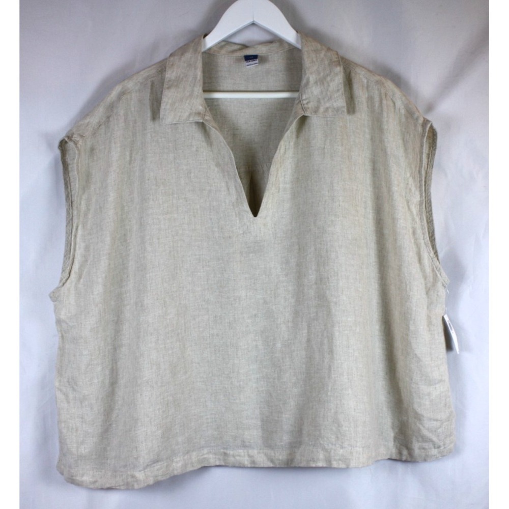 Old Navy Womens Top Linen Blend Popover Beige Size 2X Collared Cropped V-neck